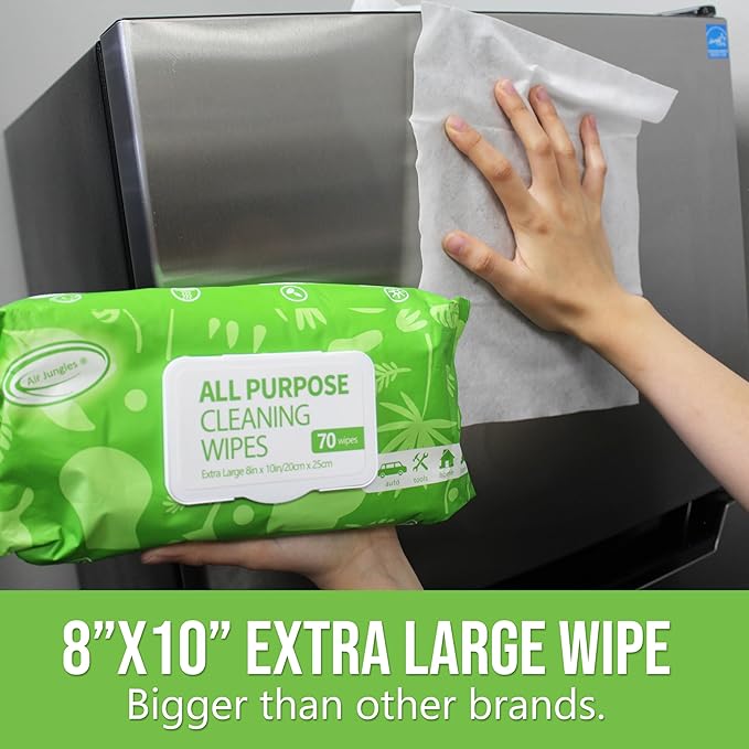 Air Jungles All Purpose Cleaning Wipes 70 Count, Bleach Free Extra Large 8" x 10" Heavy Duty for Car Interior, Kitchen, Bathroom, Countertop, Office, Tools - Non-Toxic Safe for Multi-Surface
