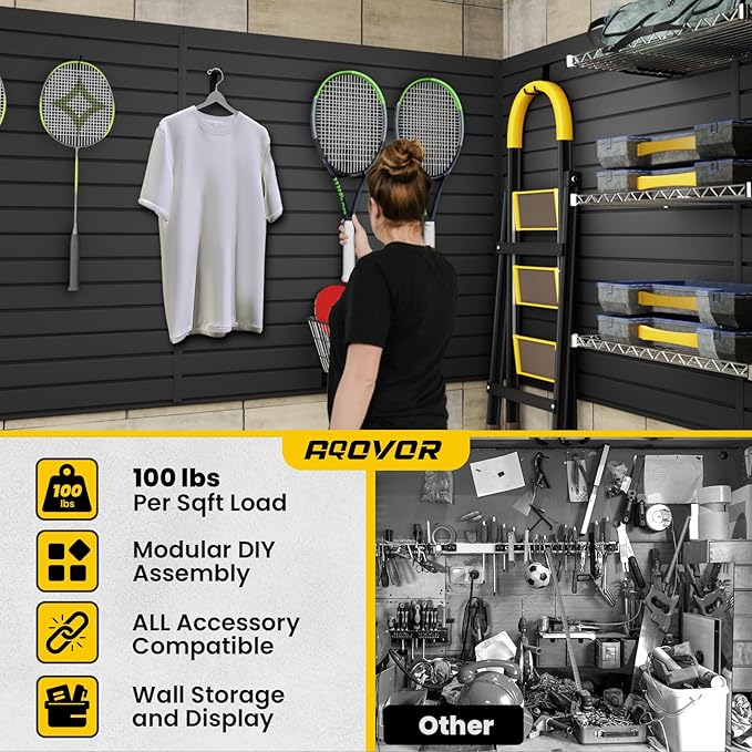 Slat Wall Paneling 4x4 FT, PVC Slat Wall Panels with 12 Hooks Heavy-Duty Garage Organization System, Slatwall Pegboard Suitable for Home、Garage、Shop Wall Display & Organization (Black)