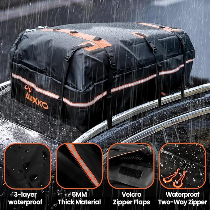 AUXKO 15 Cu.Ft Waterproof Rooftop Cargo Carrier for Cars/SUVs/Trucks, Foldable Soft Shell Roof Bag with Night-Reflective Strip, 6 Adjustable Bungee Straps & Door Hooks, Combination Lock, Anti-Slip Mat