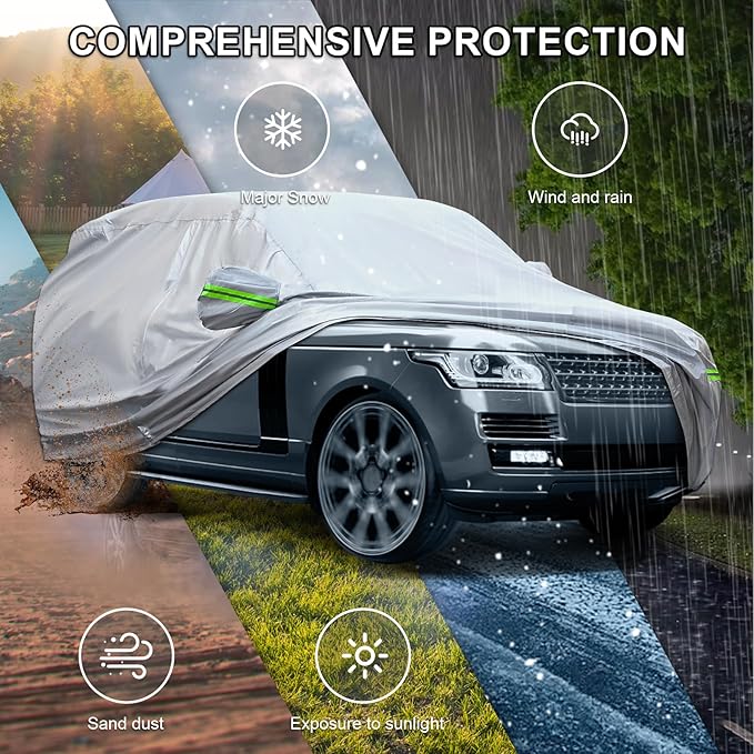 Full Car Cover Universal 6 Layers Outdoor Thicked All Weather Cover, Sunshield, Waterproof, Snow Proof, UV Proof, Scratch Proof, Bird Droppings, 6 Reflective Strips, Fits Sedans up 205"-216"