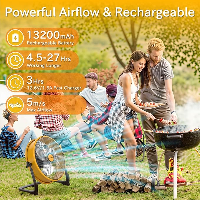 T-SUNUS 12" Rechargeable Floor Fan, 1500 CFM High Velocity Cordless Fan with 13200mAh Battery, 27H Runtime, Metal Industrial Fan, 360° Tilt, AC Charger for Camping, RV, Garage & Emergency