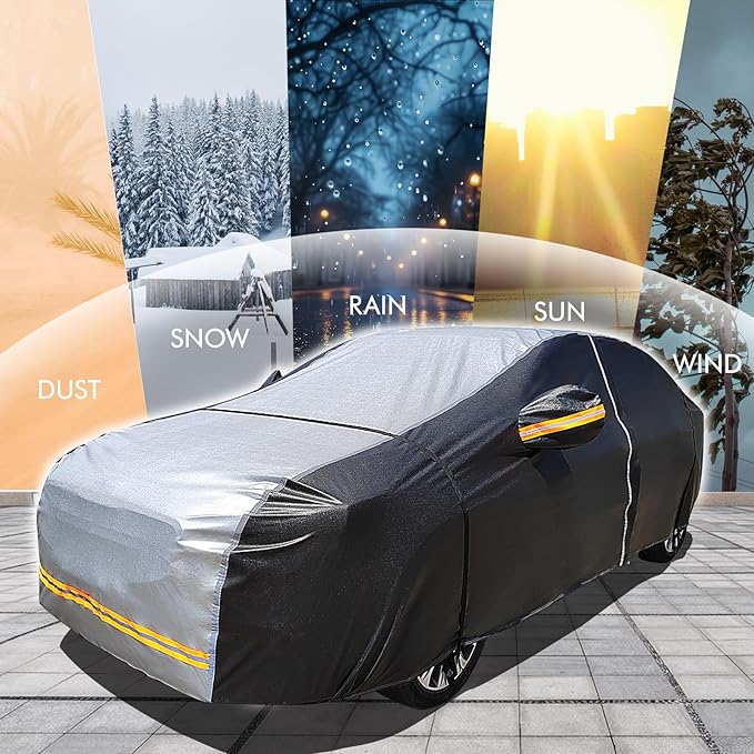 6 Layers Car Cover Waterproof All Weather Car Cover Waterproof All Weather, Outdoor Full Exterior Cover Rain Sun UV Snowproof Protection with Zipper Cotton for Sedan (190-195 inch)