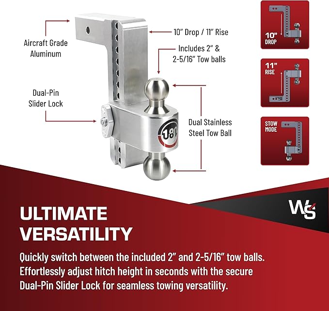 Weigh Safe Adjustable Trailer Hitch Ball Mount, 10" Adjustable Drop Hitch for 2.5" Receiver w/ 2 pc Keyed Alike Lock Set, Heavy Duty Aluminum Trailer Tow Hitch w/ Stainless Steel Tow Balls, 18,500 GTW