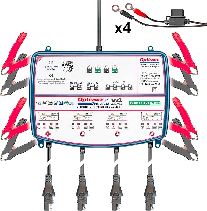 Tecmate Optimate 2 Duo x 4 Bank, TM-575, Bronze Series: 5-Step 4X 12V / 12.8V 2A Sealed Battery Charger & maintainer,Blue