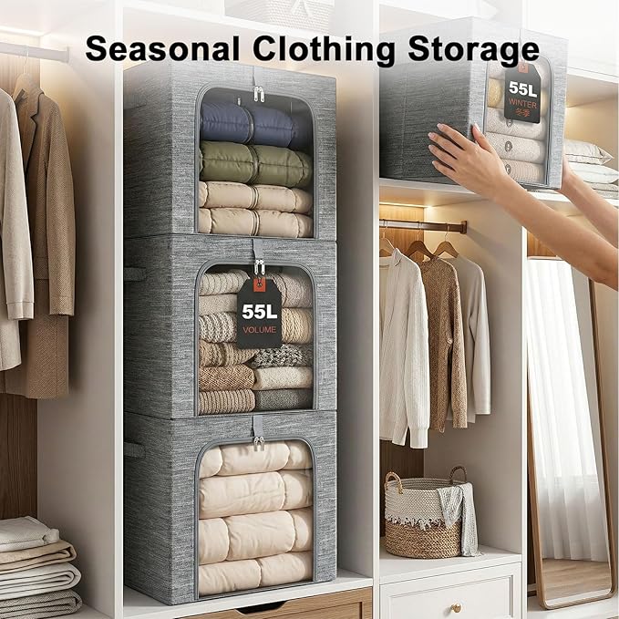 GoMaihe Clothes Storage Bins Metal Frame: 55L Extra Large Stackable Closet Storage Bin with Lid & Clear Window, Heavy Duty Blanket Box for Winter Coats Comforters (Fits Deep Closet 4-Pack)