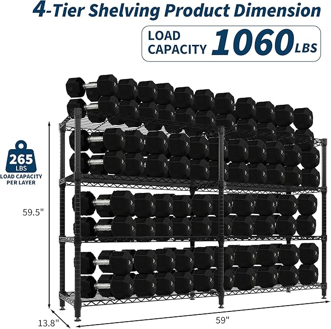 4-Tier Metal Storage Shelves, 60"W Heavy Duty Garage Shelving Unit 1060LBS Capacity, Adjustable Wire Standing Storage Shelf Organizer for Kitchen Pantry Home&Commercial, Convertible L-shaped Shelves