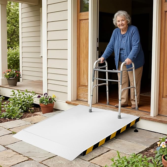 Adjustable Wheelchair Ramp for Door Thresholds, 36" Aluminum Threshold with 3.34"-6.3" Range, Includes Non-Slip Thick Door Mat, Portable Handicap Ramps for Steps, Curbs, Door Thresholds and Entryways
