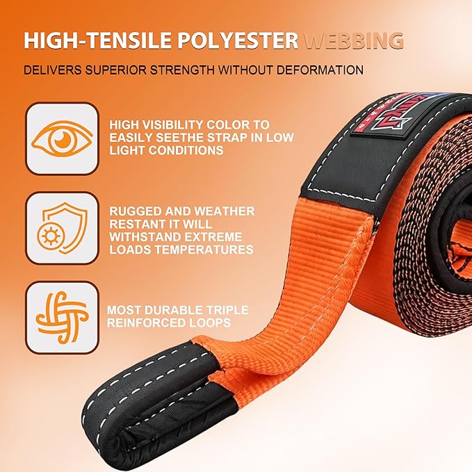 Recovery Tow Strap with Reinforced Loops 3" x 20ft Heavy Duty 35000 LBS Break Strength Emergency Recovery Tow Strap Winch Extension Rope for Car, Truck, Jeep, ATV, SUV, Tree Saver, Winch Extension