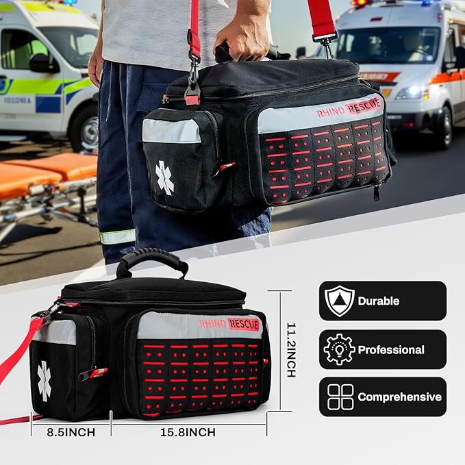 RHINO RESCUE First Responder First Aid Kit Fully-Stocked EMT Bag, Professional EMT/EMS Trauma Medical Kit, Molle System & Reflective Stripe, 300+ First Aid Supplies, Suits for Business, Home (Black)