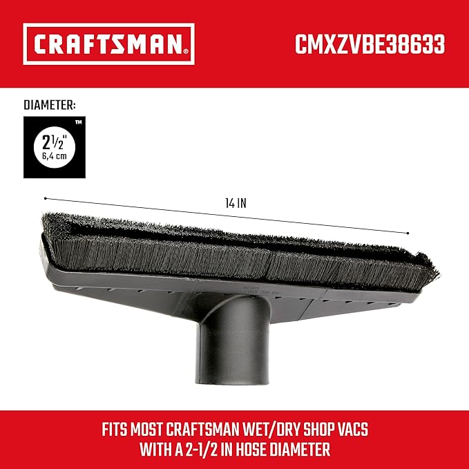 CRAFTSMAN CMXZVBE38633 2-1/2 in. Floor Brush Wet Dry Vac Attachment, Industrial-Grade 14 inch Wide Shop Vacuum Accessory with Bristles for Cleaning Larger Areas, Fits 2-1/2 in. Hose Diameter