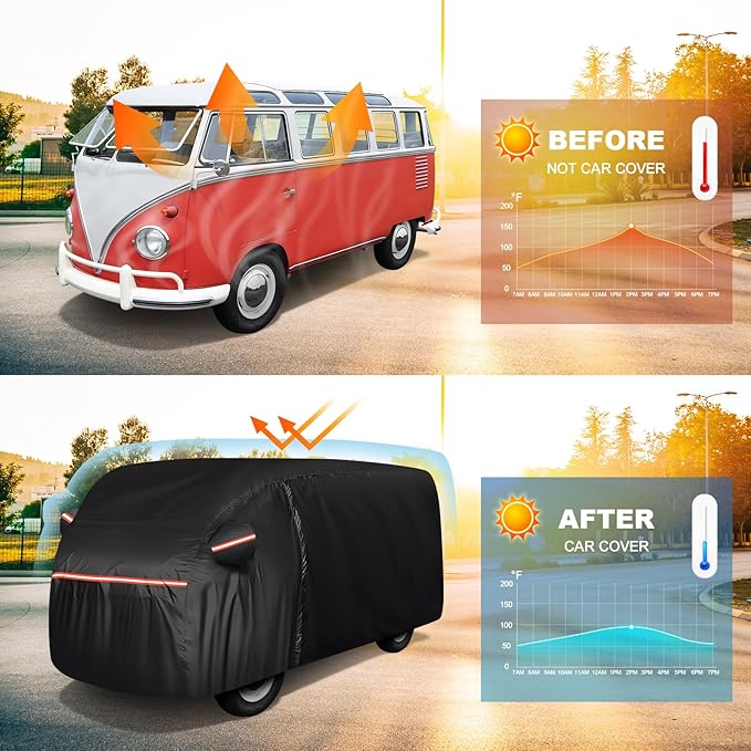 QUNSUNUS Waterproof Car Cover for VW Bus T1 T2 T3 1950-1992, Outdoor Car Covers with Zipper, All Weather Full Exterior Cover with Straps for Wind, Sun, UV and Dust Protection