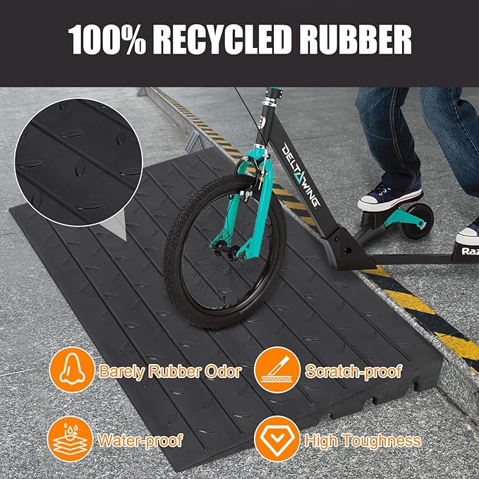Towallmark Rubber Threshold Ramp Doorway, 4’’ Rise Wheelchair Threshold Ramp, 2500LBS Capacity No-Slip Driveway Curb Ramps for Wheelchair Mobility Scooter Power Chairs with 3 Channels Cord Cover
