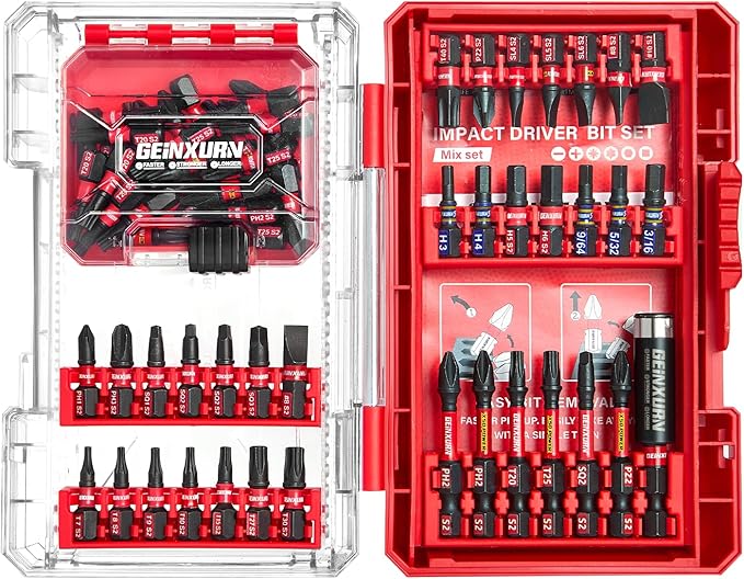 Geinxurn 65Pieces Impact Screwdriver Bits Set, Magnetic S2 Steel Phillips/Slotted/Square/Torx Insert Power Bits Tips, Impact Bit Holder with Red Storage Box Case
