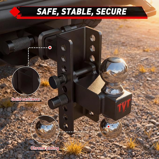 TYT Adjustable Truck Trailer Hitch for 2.5 inch Receiver, 6" Drop/Rise Tow Hitch with Dual Balls (2" & 2-5/16"), Includes Two Pin Locks & Hitch Tightener