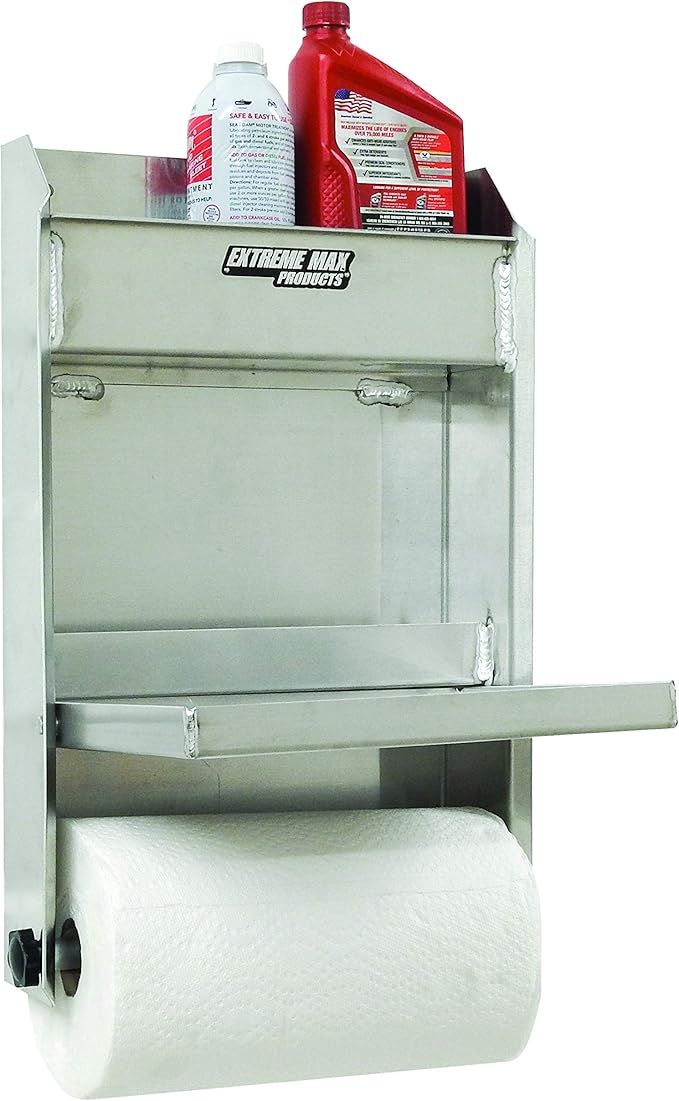 Extreme Max 5001.6053 Junior Aluminum Work Station Storage Cabinet Flip-Out Work Tray with Paper Towel Rack Organizer for Enclosed Race Trailer Shop Garage Storage,Silver