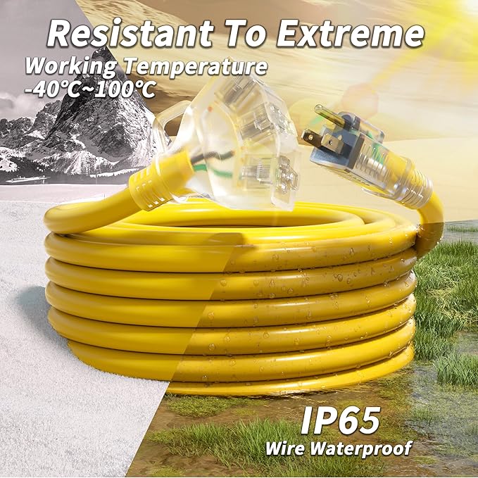 PlugSaf 6 FT 12/3 Gauge Outdoor Extension Cord with Multiple Outlets Light Indicator, Flexible 3 Outlet Weatherproof Heavy Duty Extension Cord Waterproof Yellow, 15A 1875W 12AWG SJTW, ETL Listed