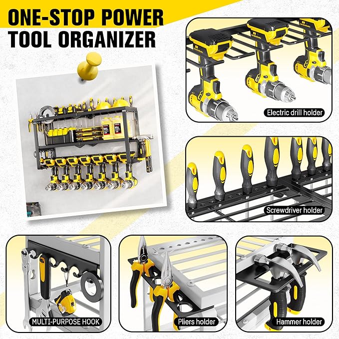 Hipidian Heavy Duty Power Tool Organizer Wall Mount - 300lb Capacity 3-Tier Storage Rack with 7 Drill Holders for Garage Workshop Tools