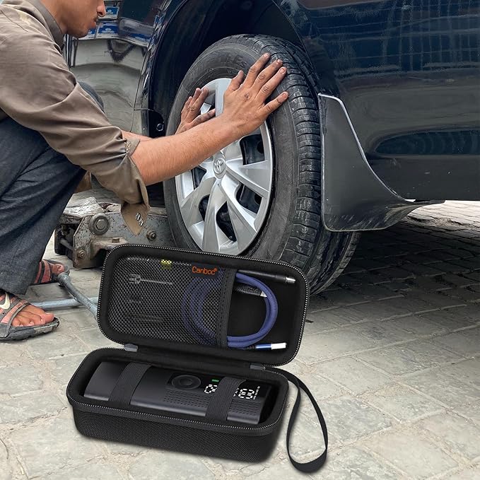 Canboc Carrying Case Compatible with Air moto Tire Inflator Portable Air Compressor, Air Pump for Car Tires Travel Bag, Mesh Pocket fit Air Hose, USB Cable and Accessories, Black (Case Only)