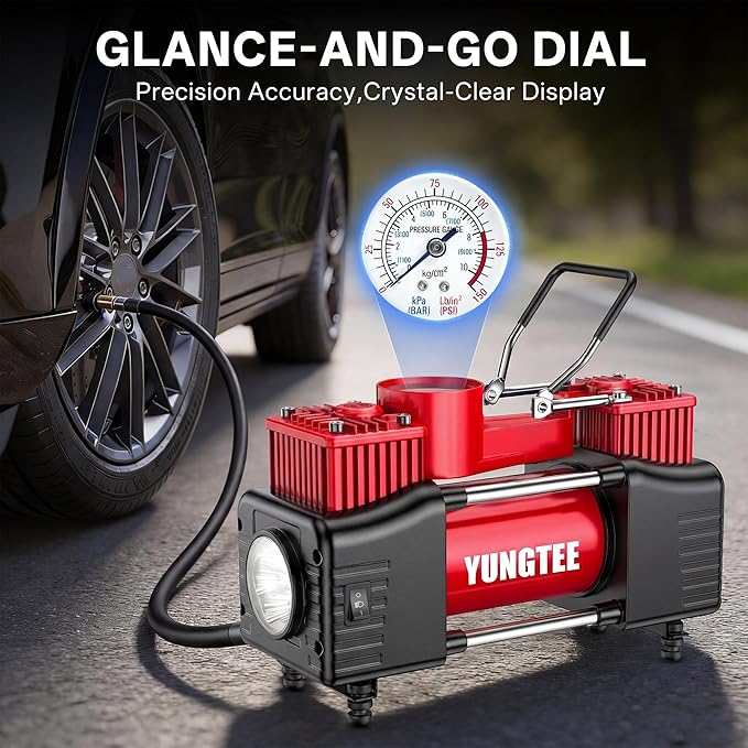 YUNGTEE Tire Inflator Heavy Duty Double Cylinders Direct Drive Inflation Pump,12V Portable Air Compressor Pump with Emergency LED Light - 150PSI Tire Pump,Apply to Car,SUV,RV