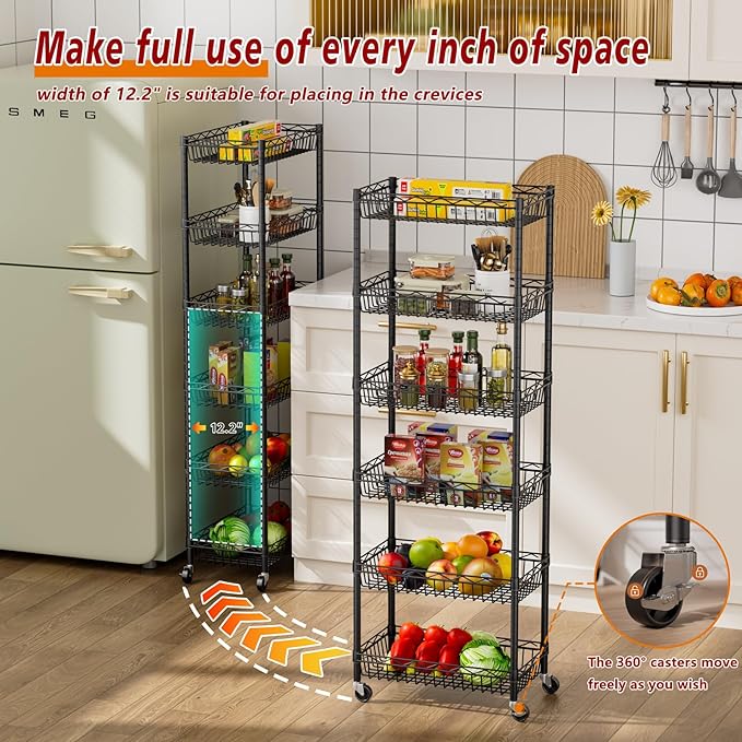 Golpart 6 Tier Basket Shelf Wire Shelving Unit Adjustable Storage Shelves Big Basket Rack for Garage Kitchen Office Pantry Corner 17.2" Dx12.2 Wx63 H Black