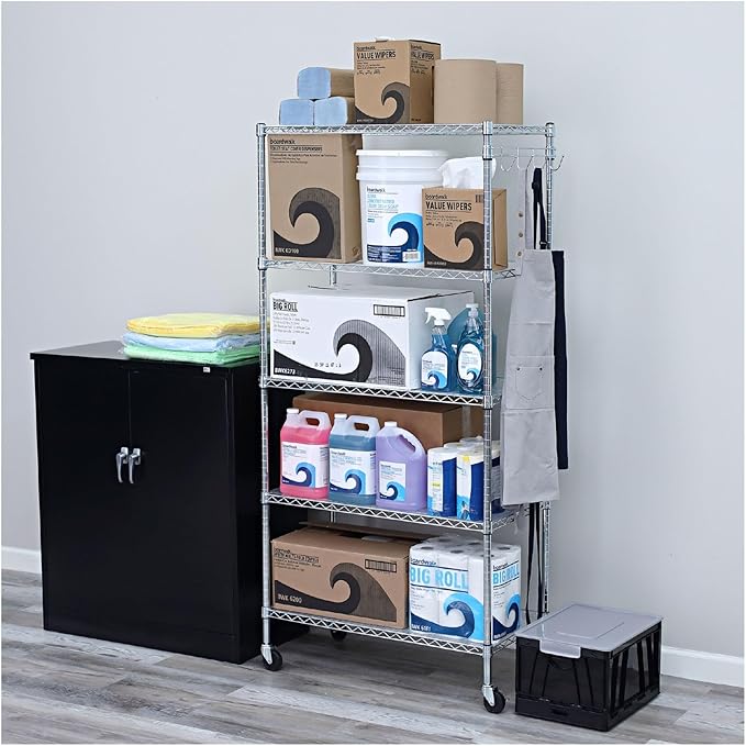 Alera 5-Shelf Wire Shelving Kit with Casters and Shelf Liners, 36w X 18d X 72h, Silver
