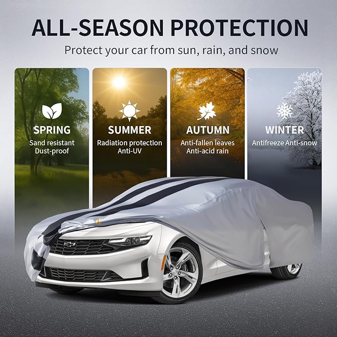 Multi-Layer Car Cover Custom Fit for Chevrolet Camaro(1970-2026), 100% Waterproof All Weather for Automobiles, Gift with Towel, Heavy Duty Car Covers for Rain Sun UV Protection with Door Zipper.