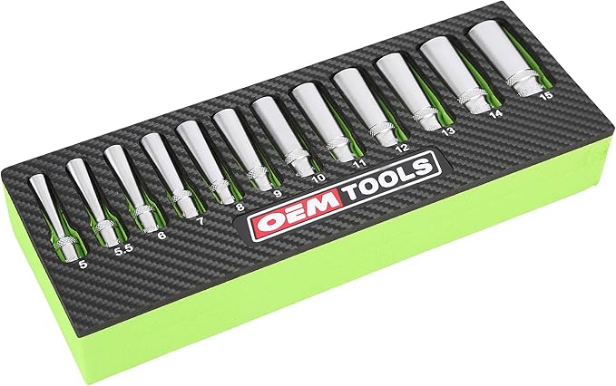 OEMTOOLS 23986 12 Piece Deep 1/4 Drive Socket Set, Deep Socket Set Metric 5-15mm, Heat-Treated Alloy Steel Sockets, Hard Chrome Finish, EVA Tray Storage