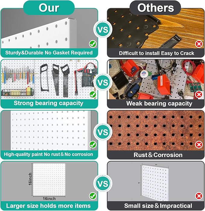 Peg Board, 16”×16”Large Heavy Duty Metal Pegboard Panels with Frame White PegBoard Display 4 Packs Peg Boards for Walls, Display, Garage Tool Storage, Office Organization, Craft Room, Kitchen