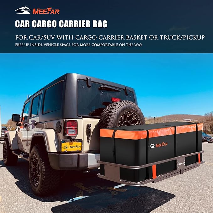 Combo of MeeFar Hitch Mount Cargo Carrier Bag Soft Shell 20 Cubic Feet 100% Waterproof + 15 Cubic Feet Car Roof Bag Cargo Carrier