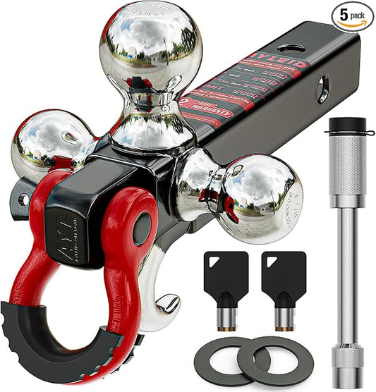 Ayleid Trailer Hitch Tri-Ball Mount with Hook&Pin&Rotatable Tow Shackle,Fits 2-in Receiver with 1-7/8-in,2-in,2-5/16-in Hitch Ball with Anti-Theft Locking Hitch Pin