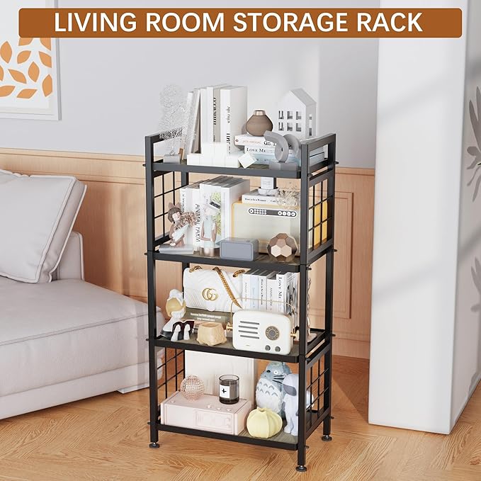 GIOTORENT 4-Tier Pantry Shelves with Wooden Boards, Heavy Duty Storage Shelves & Book Shelf, Adjustable Metal Shelving Unit for Kitchen Bathroom Laundry Organizer, Sturdy Rust-Resistant, Black