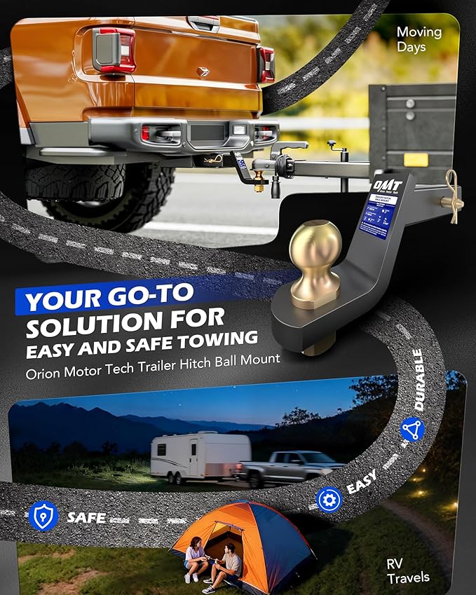 Orion Motor Tech Trailer Hitch Ball Mount, for 2" Receiver with 2" Ball 4" Drop 8000 lb. Towing Capacity, Heavy-Duty Tow Hitch Reversible Ball Hitch for Truck Boat RV Cargo with Hitch Pin & Clip