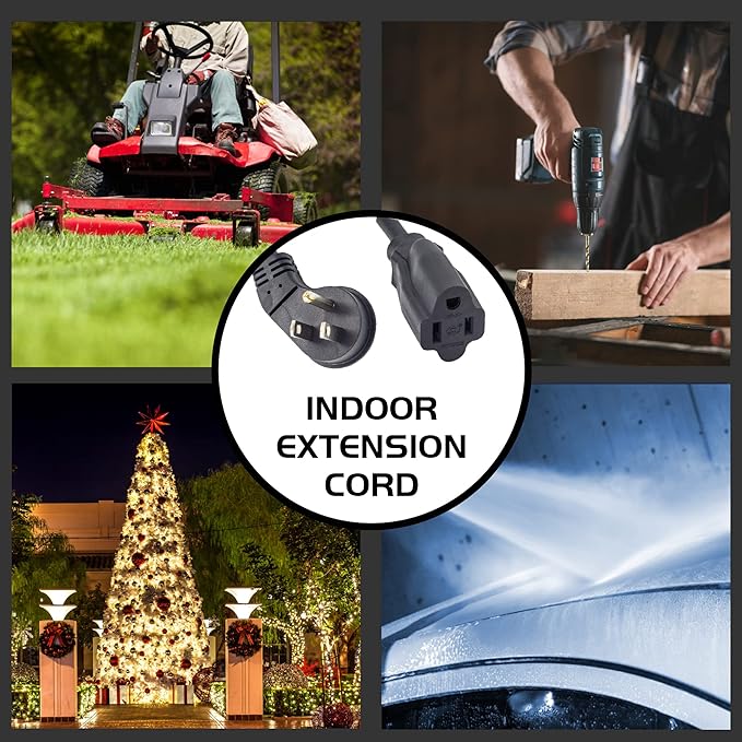 Flat Plug Indoor Extension Cord, UL Certified, 16 Gauge 15FT Black 3 Prong Heavy Duty, 16/3 SJTW 13A Power Cord for Lights, Appliances, Home