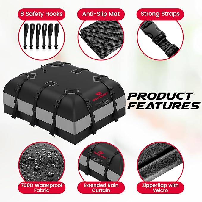 Waterproof Car Roof Bag Cargo Carrier - 20.07 Cubic Feet Extra Large Storage with Anti-Slip Mat, Door Hooks & Packing Bags. Safe Heavy Duty Travel Solution for Family Trips, Camping, Vacation