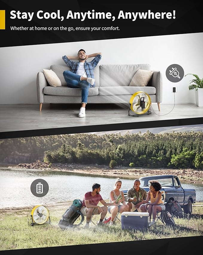 15600mAh Rechargeable Battery Operated Drum Fan, 12 inch Yellow Industrial High Velocity Floor Fan, Shop Fan for Camping Gym Garage Outdoor Indoor, AI-F600Y