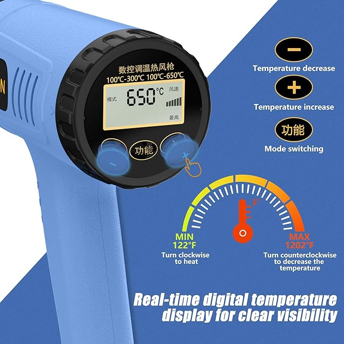 Digital Display Heat Gun, Temperature Setting 212 ℉~1202 ℉ (100 ℃ and 650 ℃), Fast heating tool Hot Air Gun, With four nozzles and Overload protection, Used for vinyl wrapping and shrink tubing