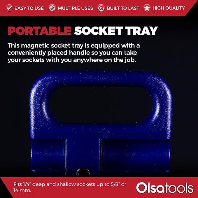 Olsa Tools Magnetic Portable Socket Organizer Tray - 1/4-Inch Drive Blue Holder for Deep & Shallow Sockets - Professional Tool Holder and Organizer - Holds up to 5/8" SAE or 14mm Metric - Part: 1078