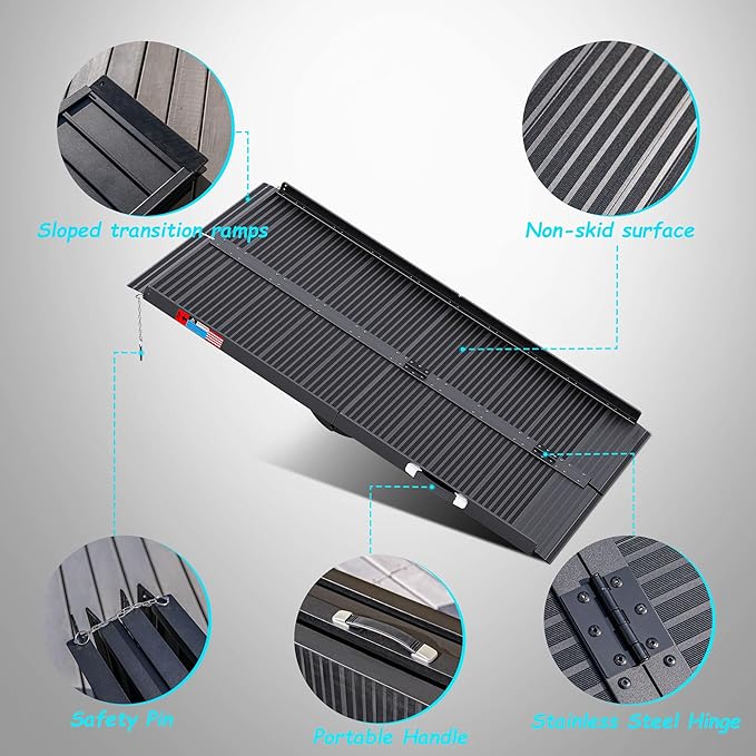 WHALEMOTOR Black Portable Wheelchair Ramp, 5FT No-sew Non-Slip Aluminum Wheelchair Ramp, Folding Portable Wheelchair Ramps for Home, Weight Capacity Up to 800 LBS, Loading Dock Plates