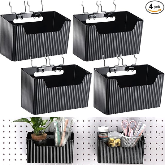 Suzile 4 Pcs Pegboard Bins Plastic Bins Set 7.9 x 3.3 x 4.7'' Pegboard Containers with Metal Hooks Organizing Assortment Accessories for Organizing Storage Tools Storage Workbench Garage (Black)