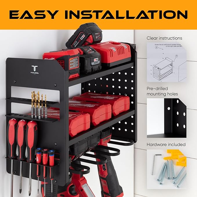Power Tool Organizer Wall Mount, 4 Layer Heavy Duty Metal Tool Storage Rack with 4 Drill Holders, Pegboard Side Panels & Hooks, Garage Tool Organizer Wall Mount for Cordless Tools, Workshop, Shed