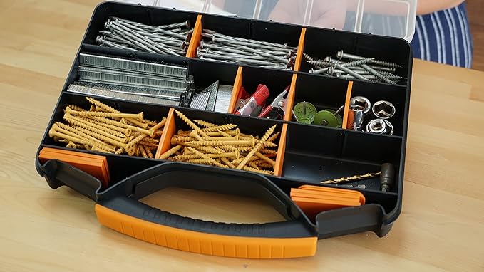 Massca Hardware Organizer box with dividers - 18 Compartments Small Parts Organizer with Accessible Hinged Lid - Durable Plastic Screw Organizer Store Nuts, Bolts, Screws, Nails, & Small Hardware