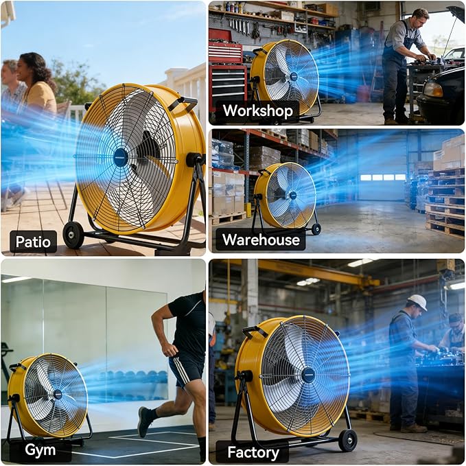 24 Inch Industrial Drum Fan 8800 CFM High Velocity Floor Fan for Garage, Warehouse & Workshop - 3-Speed Heavy Duty Metal Fan with 360° Tilt, Wheels & UL Safety Listed