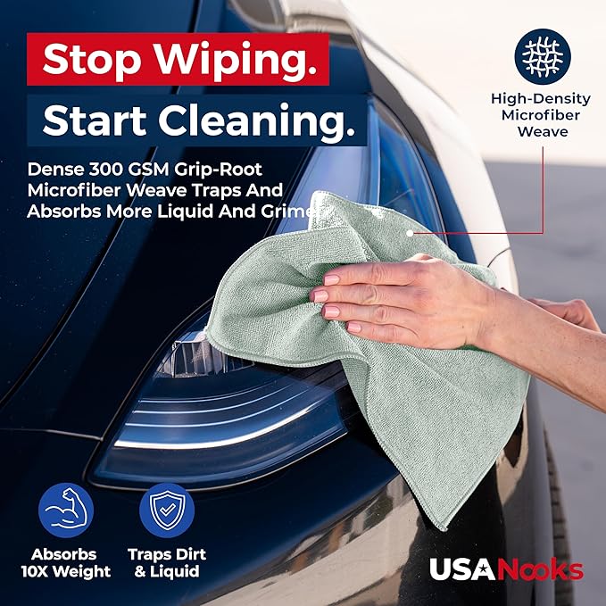 USANOOKS Microfiber Cleaning Cloth - Sea Green - 100Pcs (12.5x12.5 inch) High Performance - 1200 Washes, Ultra Absorbent Car Towel Traps Grime & Liquid for Streak-Free Mirror Shine - car Washing cloth