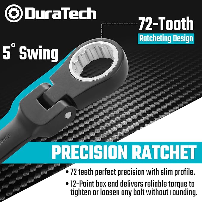 DURATECH Stubby Flex-head Ratcheting Combination Wrench Set, SAE, 8-piece, 5/16" to 3/4", CR-V Steel, Black Electrophoretic Coating, with Rolling Pouch