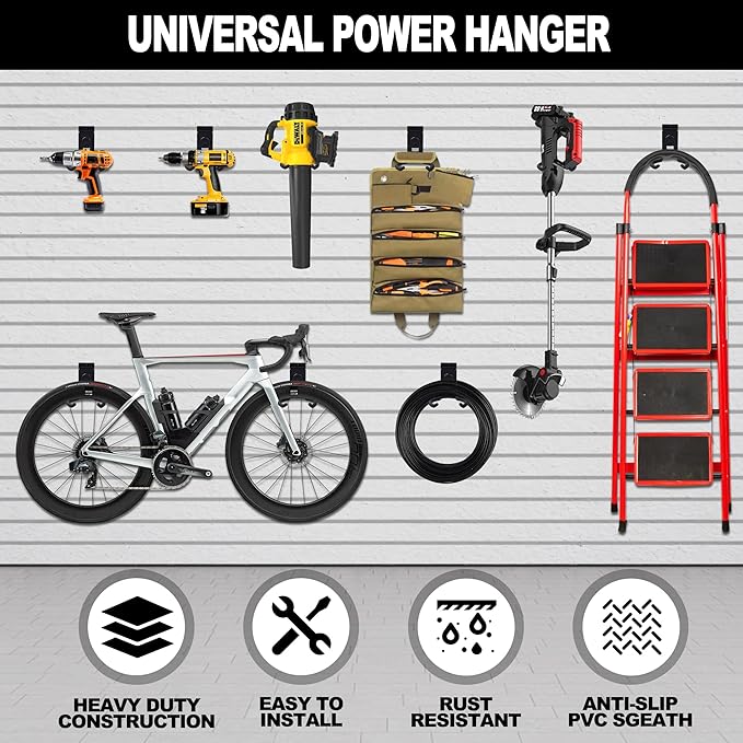 Slatwall Power Tool Hanger, Garage Garden Tool Hooks, Steel String Trimmer Holder Grass Trimmer Organizer, Weed Eater Rack Garage Storage Hook for Weed Wacker, Leaf Blower