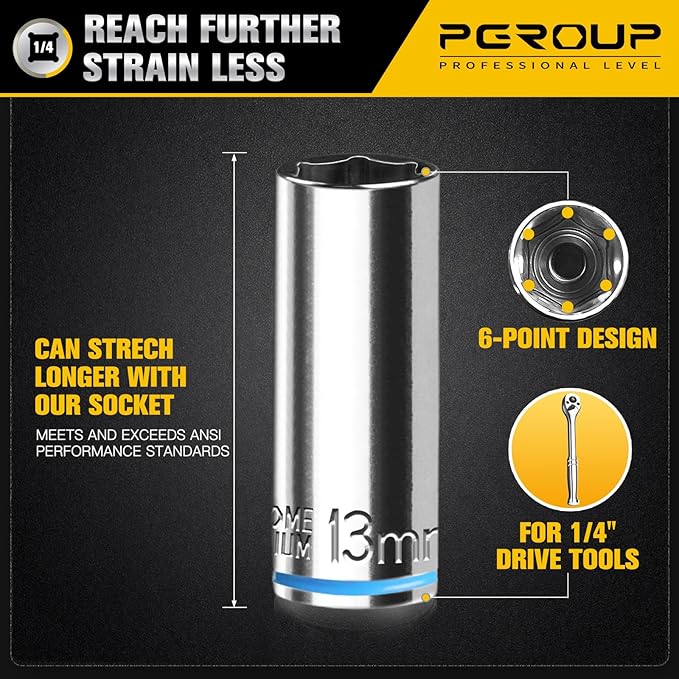 10PCS 1/4” Drive Deep Socket Set, Metric (5mm-14mm), 6-Point, Cr-V Steel, Chrome Plated Socket With Hanging Bracket, Cover Most Commonly Sizes