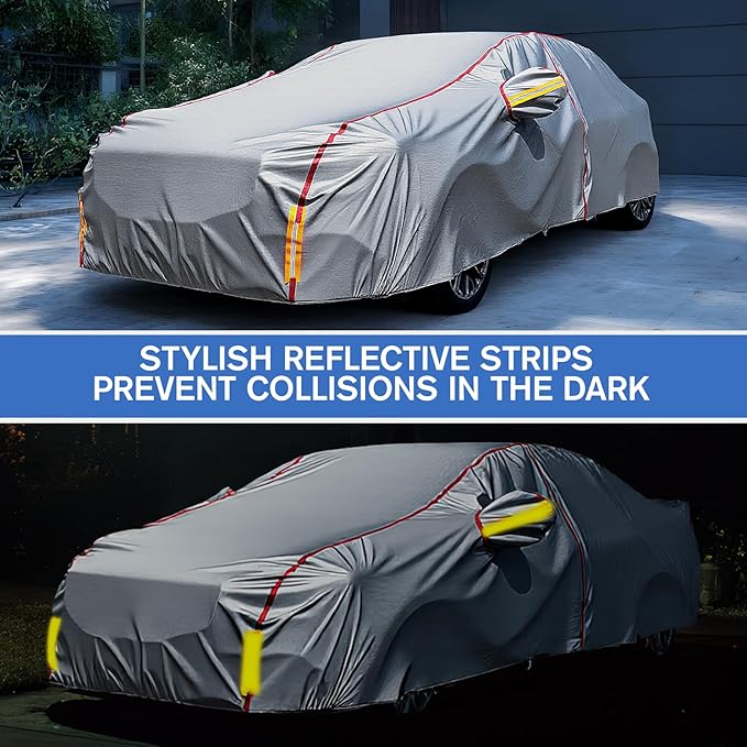 Car Cover Waterproof All Weather, 6 Layers XXL Full Exterior Covers with Zipper Cotton, Mirror Pocket. Outdoor Car Cover UV Snow Rain Wind Dust All Weather Outdoor Protection for Sedan (196-210 inch)