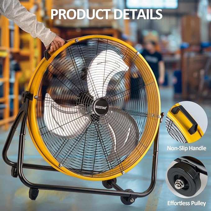 BEESTAR 24 Inch Industrial Drum Fan, High Velocity Heavy Duty Metal Floor Fan 8800CFM 3 Speed 360° Tilt 1/3HP Motor Floor Fan for Garage,Warehouse,Greenhouse,Shop,Workship,Basement (24 INCH)