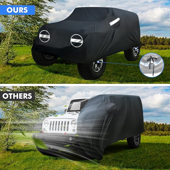 NEVERLAND Car Covers for Jeep Wrangler 2 Door Waterproof Car Covers, All Weather Protection Jeep Sun Rain Protection for Wrangler 2 Door Fits JK JL 2007-2025 Outdoor Covers Black