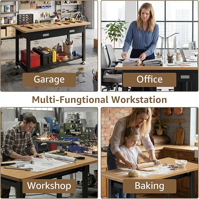 47.2" Heavy Duty Work Bench with Drawer and Storage for Garage, Small Wood Top and Metal Work Table for Crafts, 3D Printer Reloading Bench, Tool Chest Workbenches Crafting Table Working Station
